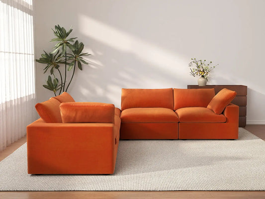Deluxe Cloud 4-Seater V-Shaped Sectional in Orange Velvet | 5-Piece (Includes 1 Ottoman), Living Room Seating, Easy To Clean, Modular Design