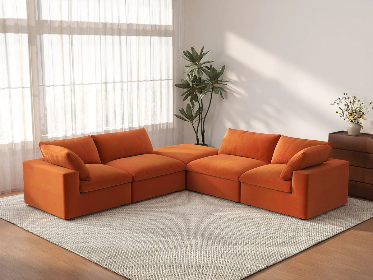 Deluxe Cloud 4-Seater V-Shaped Sectional in Orange Velvet | 5-Piece (Includes 1 Ottoman), Living Room Seating, Easy To Clean, Modular Design
