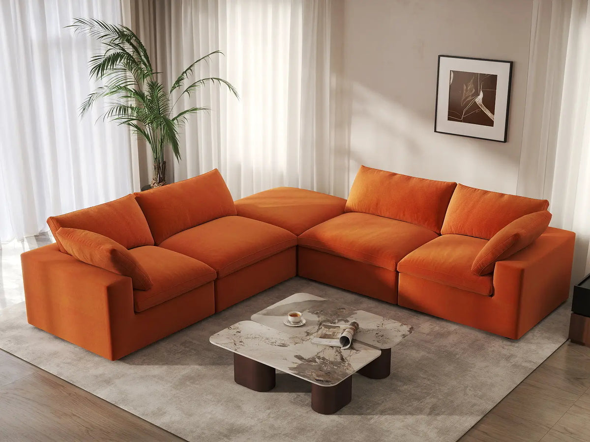 Deluxe Cloud 4-Seater V-Shaped Sectional in Orange Velvet | 5-Piece (Includes 1 Ottoman), Living Room Seating, Easy To Clean, Modular Design