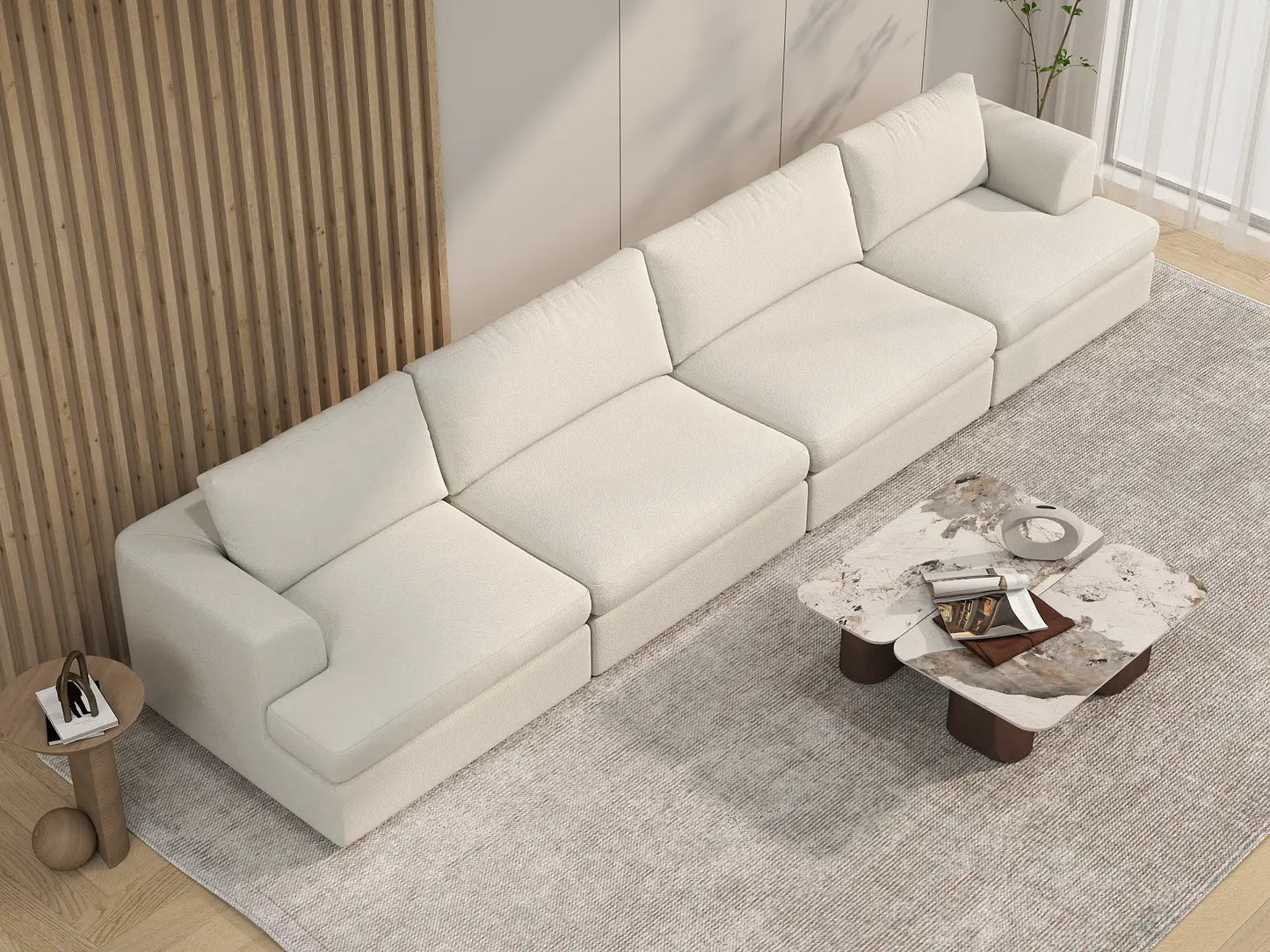 Deluxe Cloud 4-Seater White Large Space Couch Sectional | 4-Piece, Bouclé Sherpa-Like Fabric, Easy To Clean