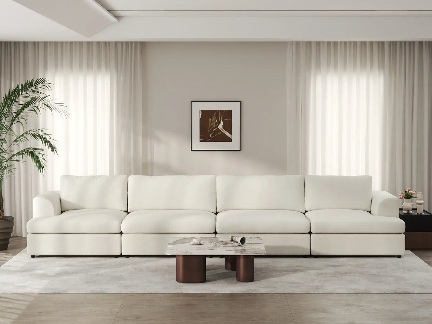Deluxe Cloud 4-Seater White Large Space Couch Sectional | 4-Piece, Bouclé Sherpa-Like Fabric, Easy To Clean
