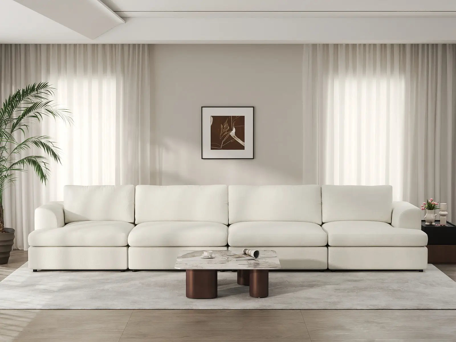 Deluxe Cloud 4-Seater White Large Space Couch Sectional | 4-Piece, Bouclé Sherpa-Like Fabric, Easy To Clean