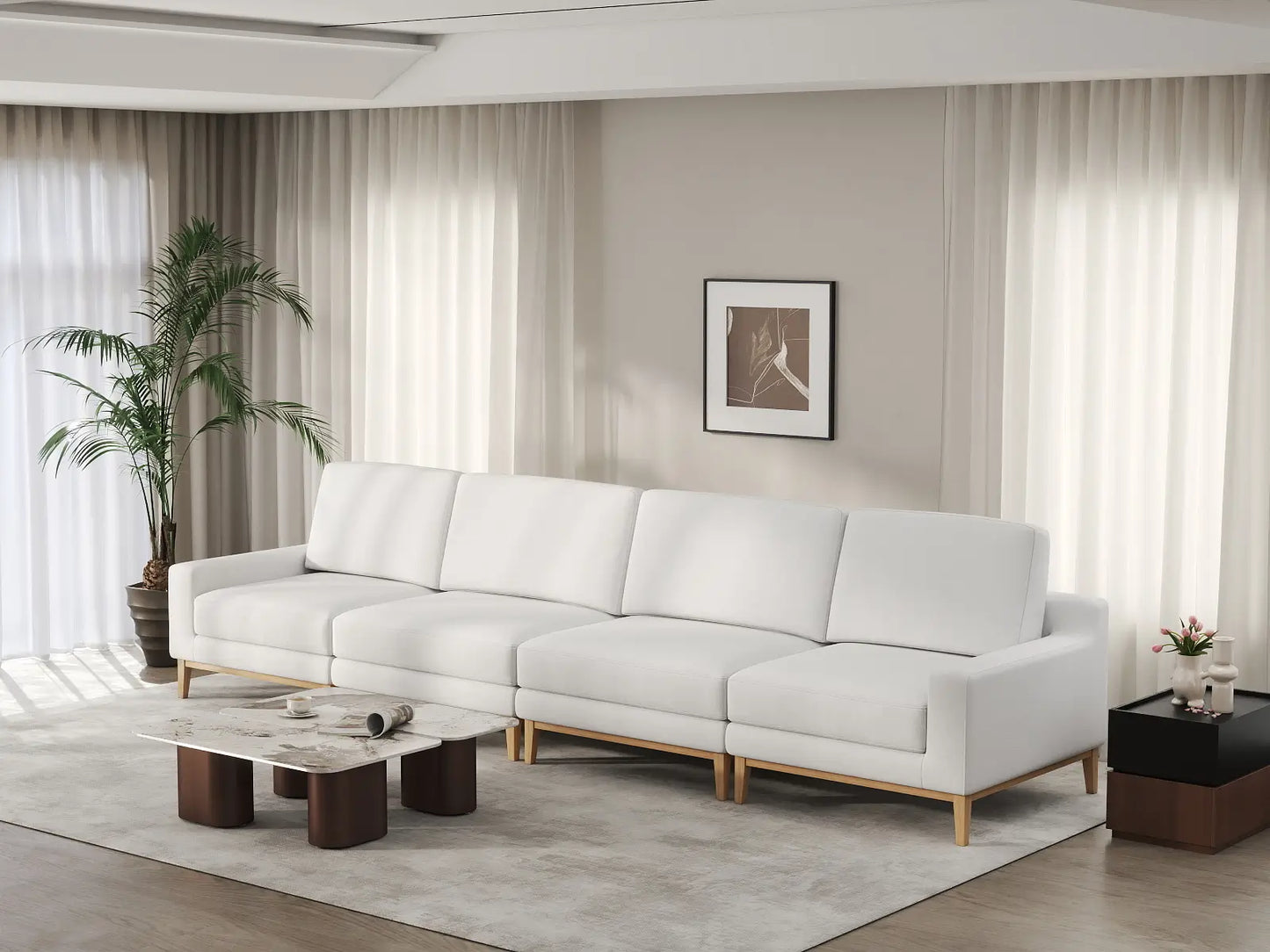 Deluxe Cloud 4-Seater White Large Space Couch Sectional | 4-Piece, Linen Look Poly Fabric, Easy To Clean