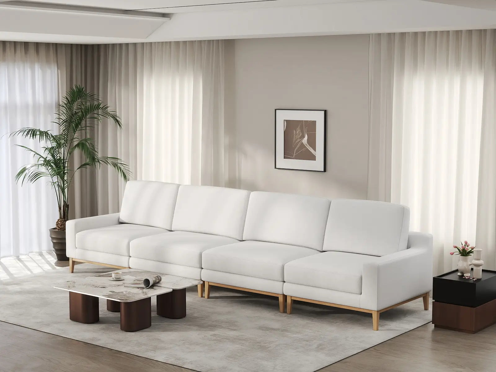 Deluxe Cloud 4-Seater White Large Space Couch Sectional | 4-Piece, Linen Look Poly Fabric, Easy To Clean