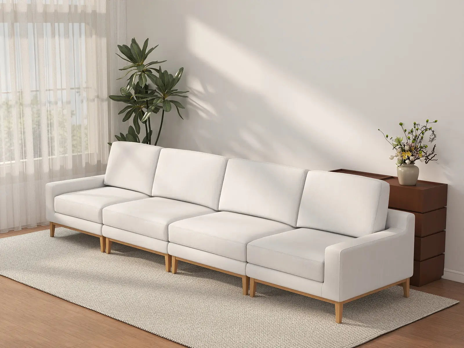 Deluxe Cloud 4-Seater White Large Space Couch Sectional | 4-Piece, Linen Look Poly Fabric, Easy To Clean