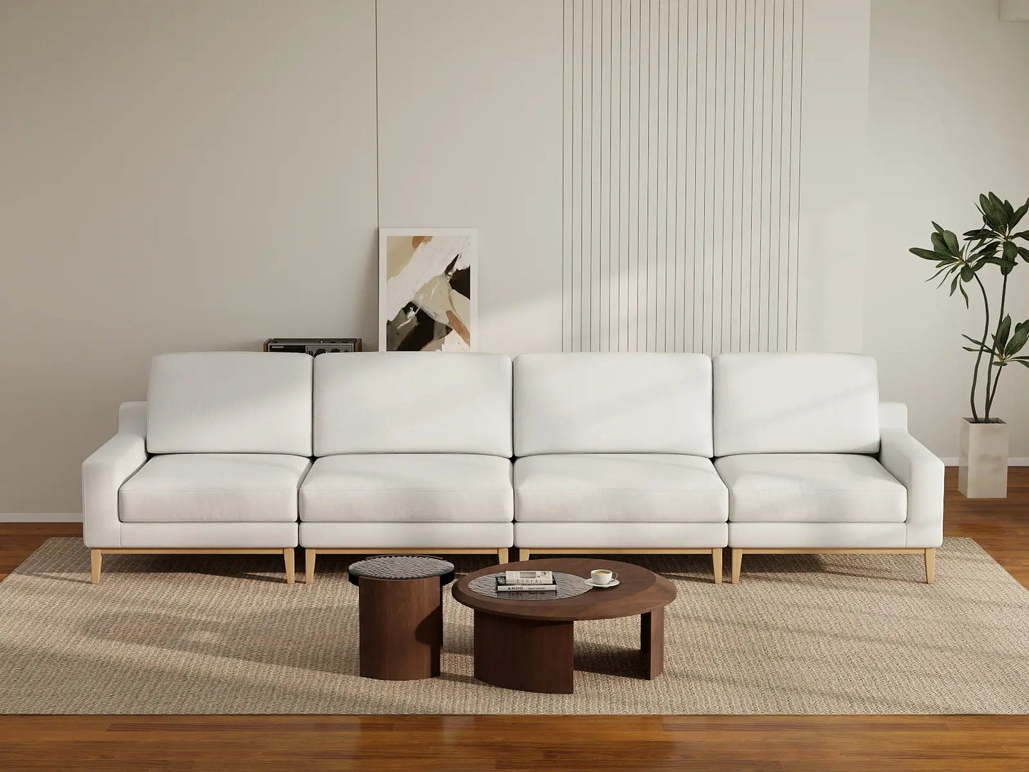 Deluxe Cloud 4-Seater White Large Space Couch Sectional | 4-Piece, Linen Look Poly Fabric, Easy To Clean