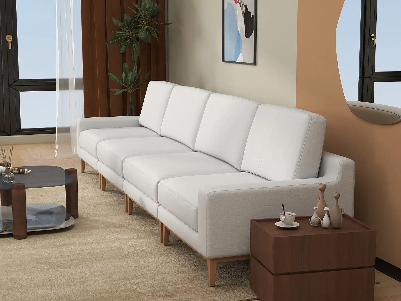 Deluxe Cloud 4-Seater White Large Space Couch Sectional | 4-Piece, Linen Look Poly Fabric, Easy To Clean