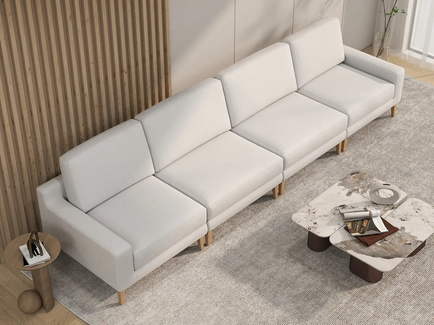 Deluxe Cloud 4-Seater White Large Space Couch Sectional | 4-Piece, Linen Look Poly Fabric, Easy To Clean