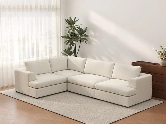 Sofá seccional de 4 plazas en forma de L Deluxe Cloud de gran tamaño blanco | 4 piezas, tela tipo borrego bouclé, fácil de limpiar