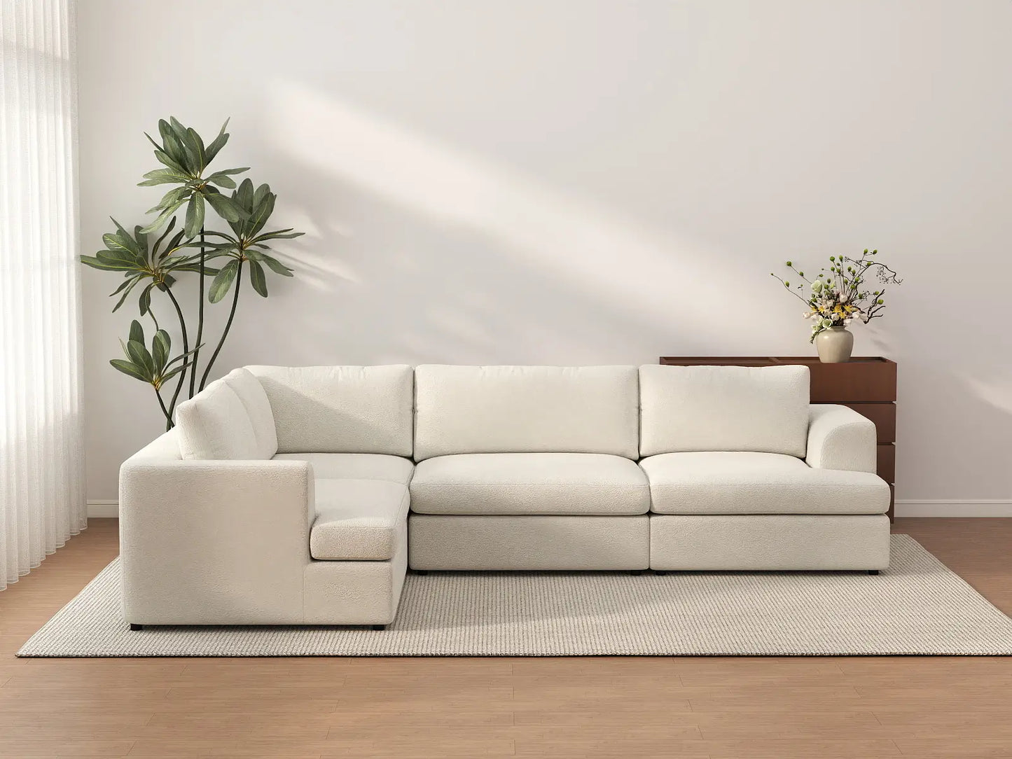 Deluxe Cloud 4-Seater White Large Space L-Shaped Sectional | 4-Piece, Bouclé Sherpa-Like Fabric, Easy To Clean