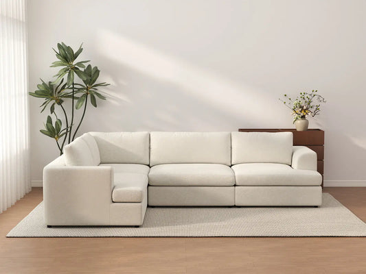 Sofá seccional de 4 plazas en forma de L Deluxe Cloud de gran tamaño blanco | 4 piezas, tela tipo borrego bouclé, fácil de limpiar