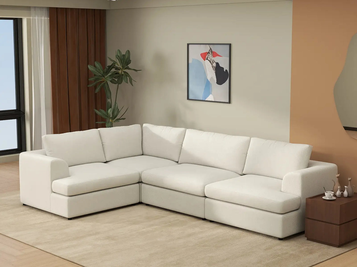 Deluxe Cloud 4-Seater White Large Space L-Shaped Sectional | 4-Piece, Bouclé Sherpa-Like Fabric, Easy To Clean