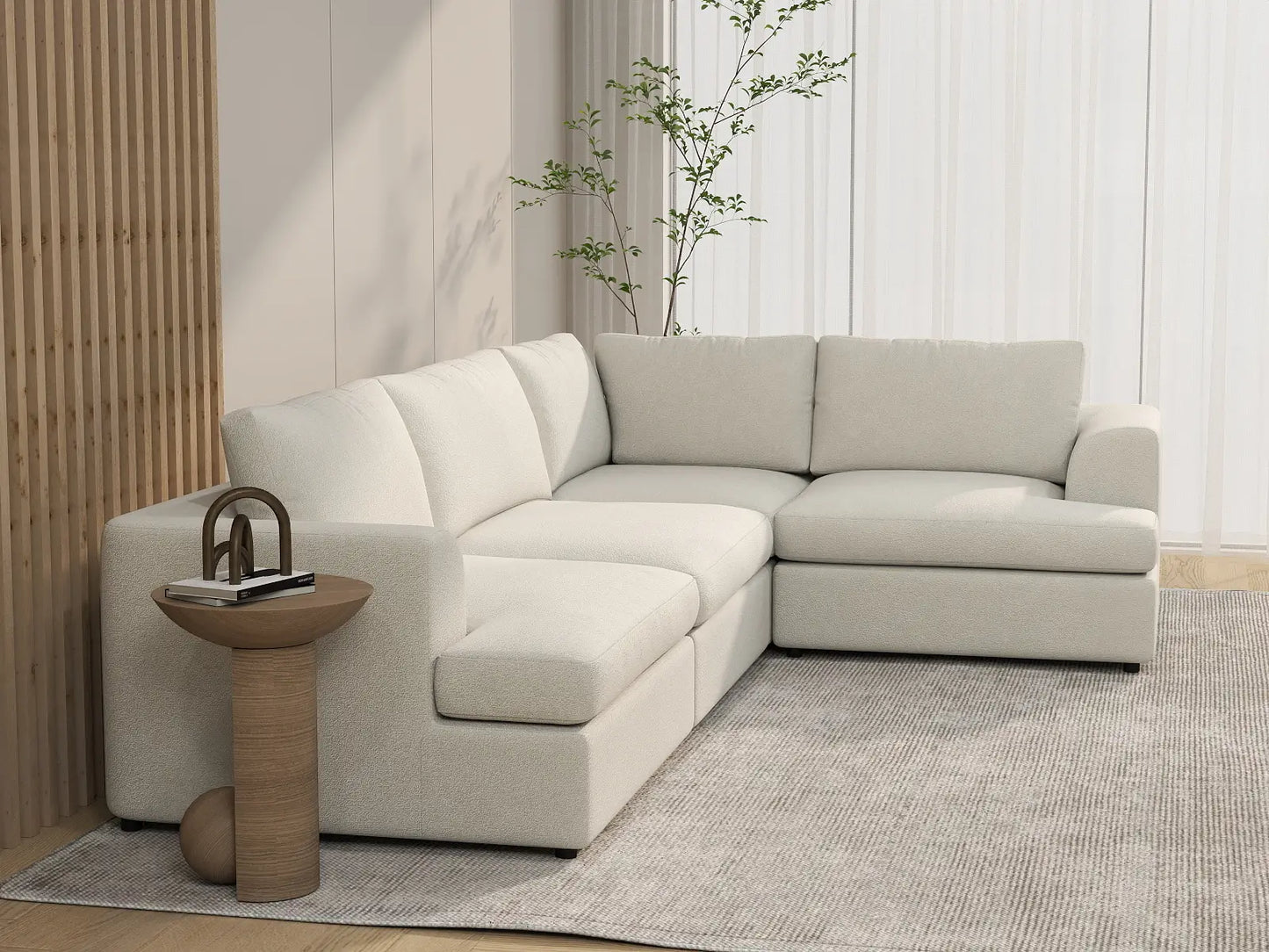 Deluxe Cloud 4-Seater White Large Space L-Shaped Sectional | 4-Piece, Bouclé Sherpa-Like Fabric, Easy To Clean