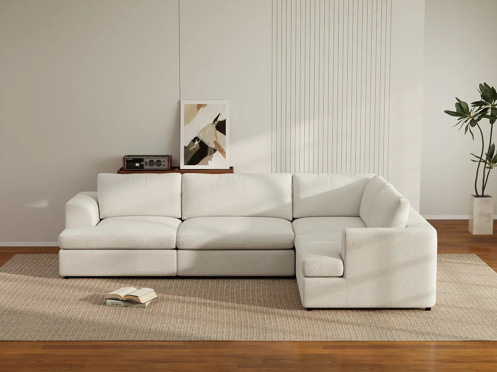 Deluxe Cloud 4-Seater White Large Space L-Shaped Sectional | 4-Piece, Bouclé Sherpa-Like Fabric, Easy To Clean