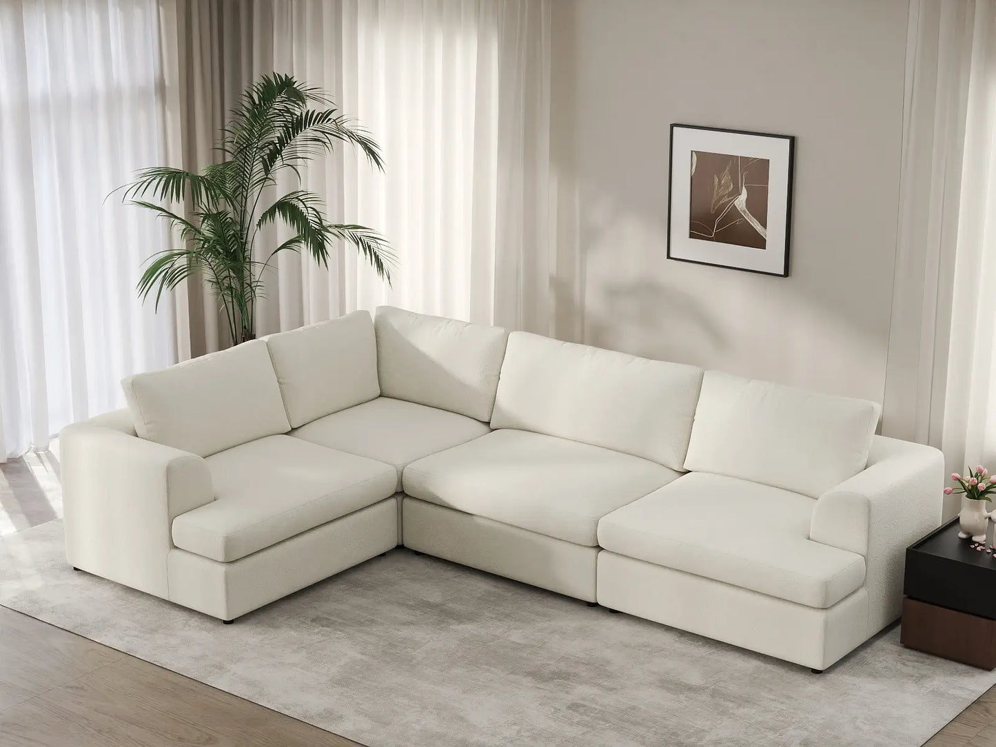 Deluxe Cloud 4-Seater White Large Space L-Shaped Sectional | 4-Piece, Bouclé Sherpa-Like Fabric, Easy To Clean