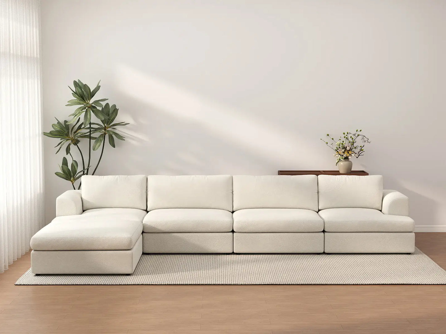 Deluxe Cloud 4-Seater White Large Space L-Shaped Sectional | 5-Piece (Includes 1 Ottoman), Bouclé Sherpa-Like Fabric, Easy To Clean