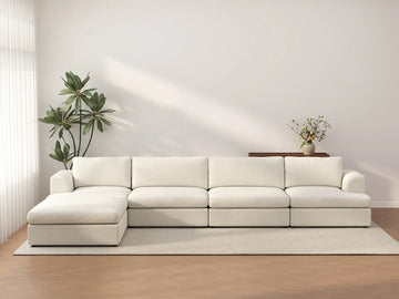 Deluxe Cloud 4-Seater White Large Space L-Shaped Sectional | 5-Piece (Includes 1 Ottoman), Bouclé Sherpa-Like Fabric, Easy To Clean
