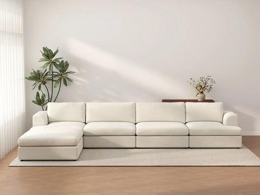 Sofá Seccional en Forma de L de Lujo Cloud de 4 Plazas Blanco | 5 Piezas (Incluye 1 Otomana), Tela Tipo Sherpa Bouclé, Fácil de Limpiar