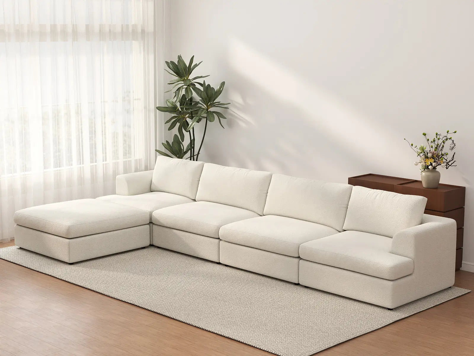Deluxe Cloud 4-Seater White Large Space L-Shaped Sectional | 5-Piece (Includes 1 Ottoman), Bouclé Sherpa-Like Fabric, Easy To Clean