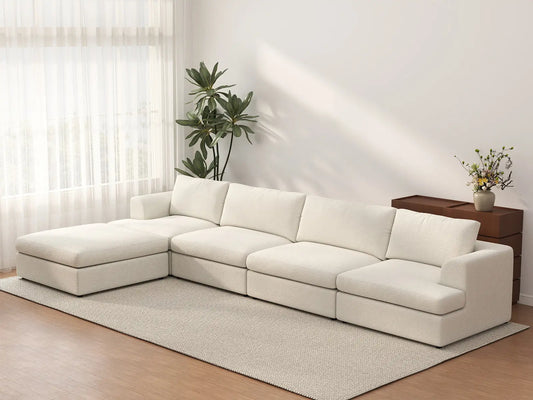 Sofá Seccional en Forma de L de Lujo Cloud de 4 Plazas Blanco | 5 Piezas (Incluye 1 Otomana), Tela Tipo Sherpa Bouclé, Fácil de Limpiar