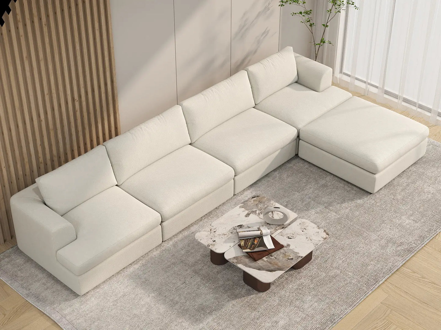 Deluxe Cloud 4-Seater White Large Space L-Shaped Sectional | 5-Piece (Includes 1 Ottoman), Bouclé Sherpa-Like Fabric, Easy To Clean