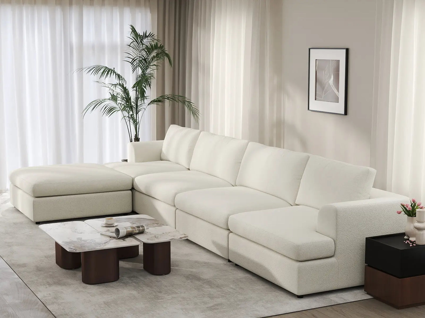 Deluxe Cloud 4-Seater White Large Space L-Shaped Sectional | 5-Piece (Includes 1 Ottoman), Bouclé Sherpa-Like Fabric, Easy To Clean