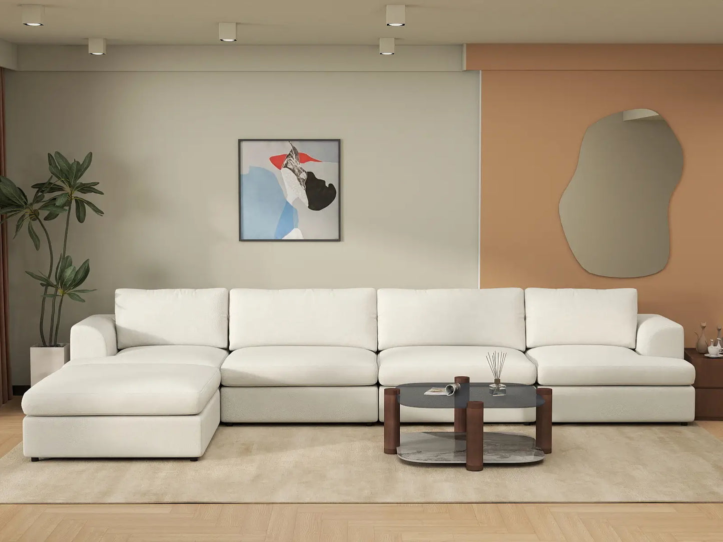 Deluxe Cloud 4-Seater White Large Space L-Shaped Sectional | 5-Piece (Includes 1 Ottoman), Bouclé Sherpa-Like Fabric, Easy To Clean