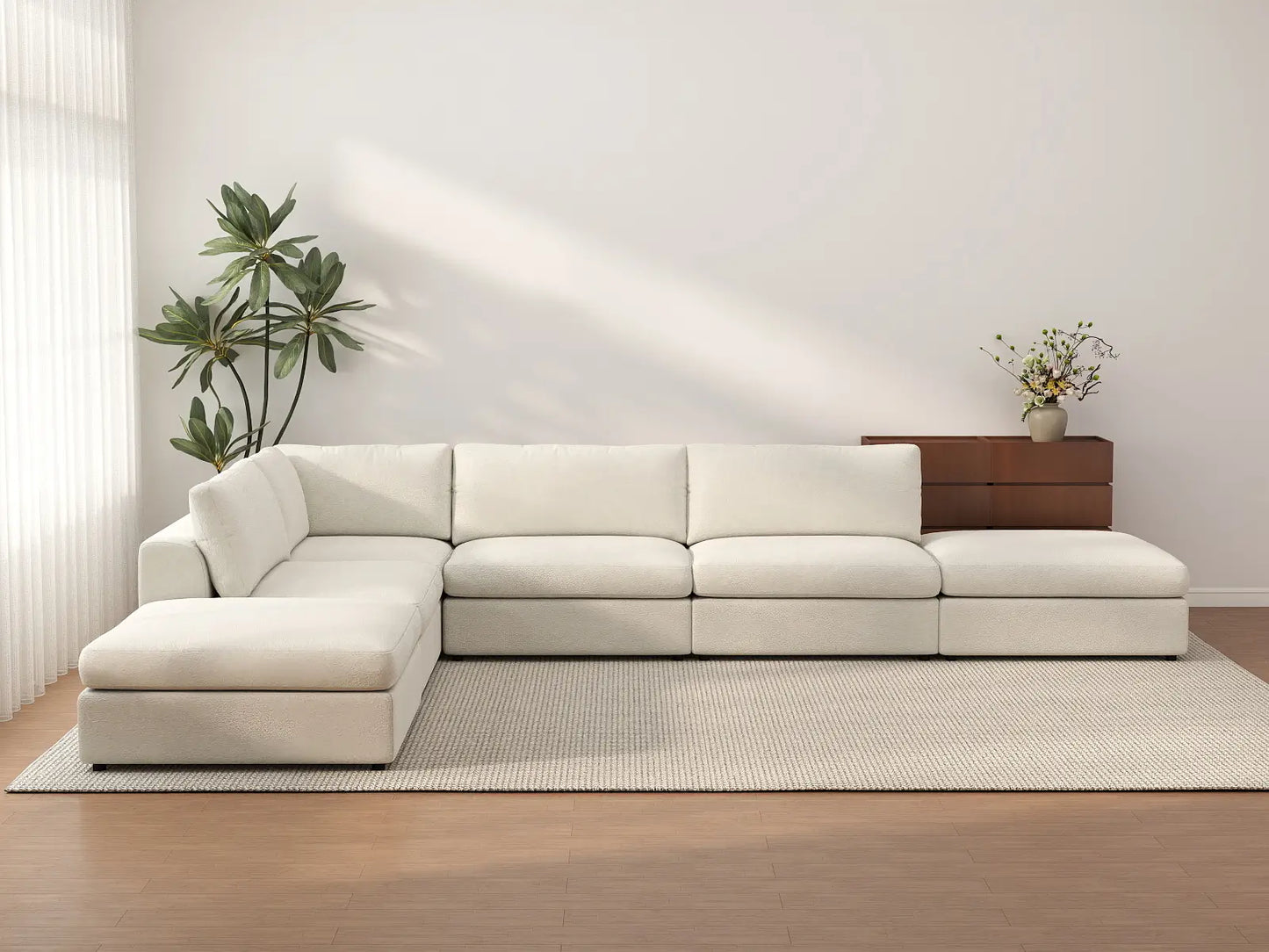 Deluxe Cloud 4-Seater White Large Space L-Shaped Sectional | 6-Piece (Includes 2 Ottomans), Bouclé Sherpa-Like Fabric, Easy To Clean