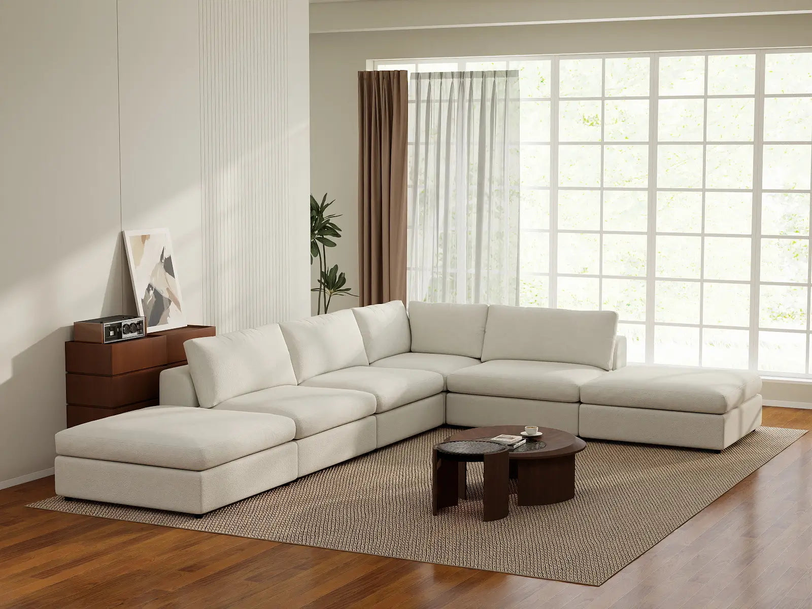 Deluxe Cloud 4-Seater White Large Space L-Shaped Sectional | 6-Piece (Includes 2 Ottomans), Bouclé Sherpa-Like Fabric, Easy To Clean