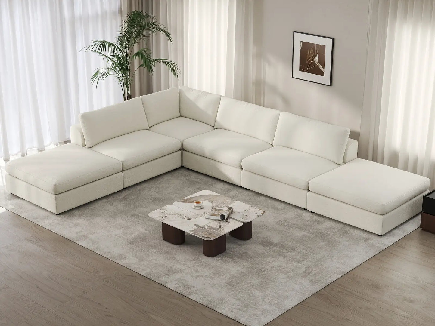Deluxe Cloud 4-Seater White Large Space L-Shaped Sectional | 6-Piece (Includes 2 Ottomans), Bouclé Sherpa-Like Fabric, Easy To Clean