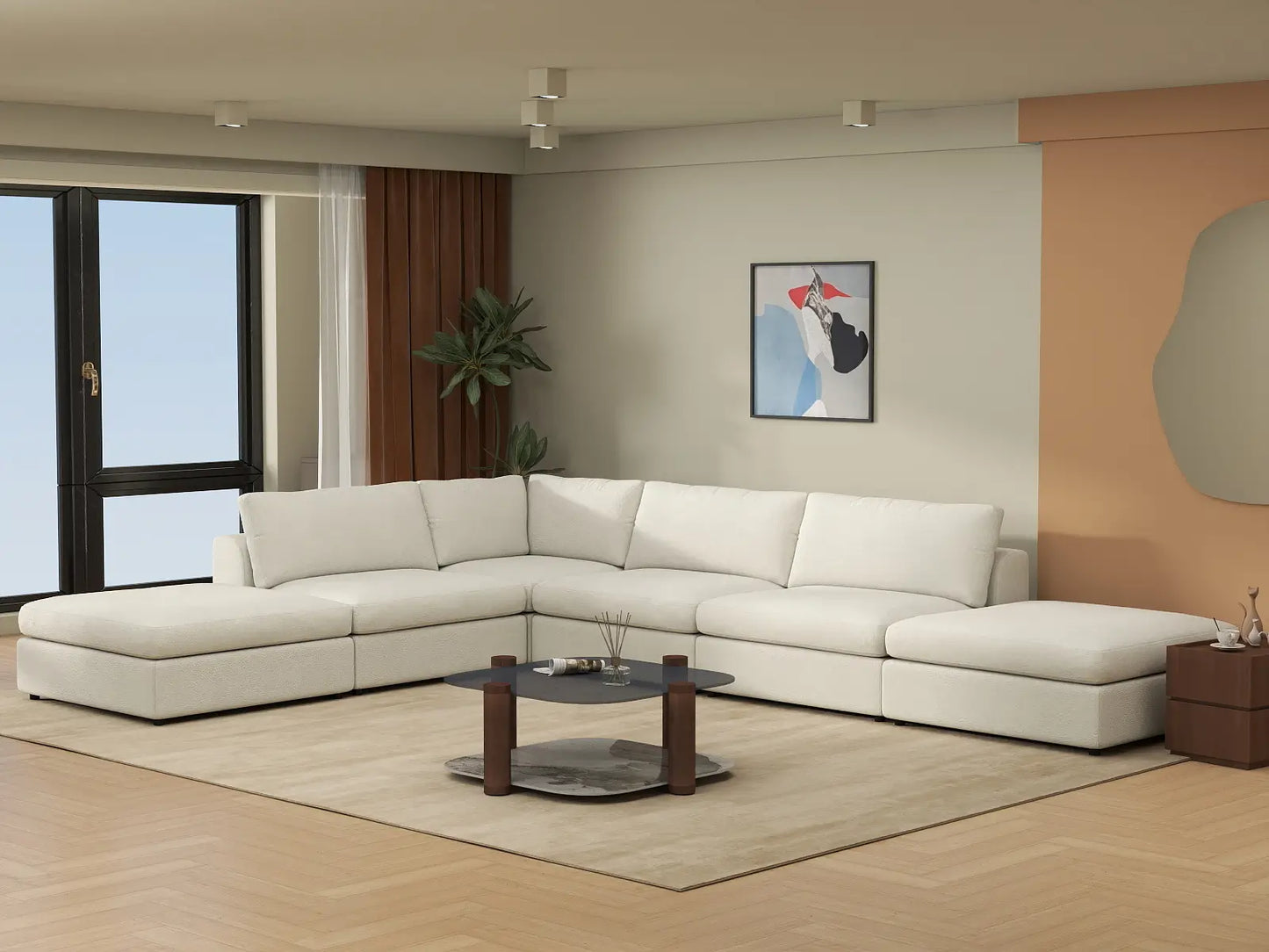 Deluxe Cloud 4-Seater White Large Space L-Shaped Sectional | 6-Piece (Includes 2 Ottomans), Bouclé Sherpa-Like Fabric, Easy To Clean
