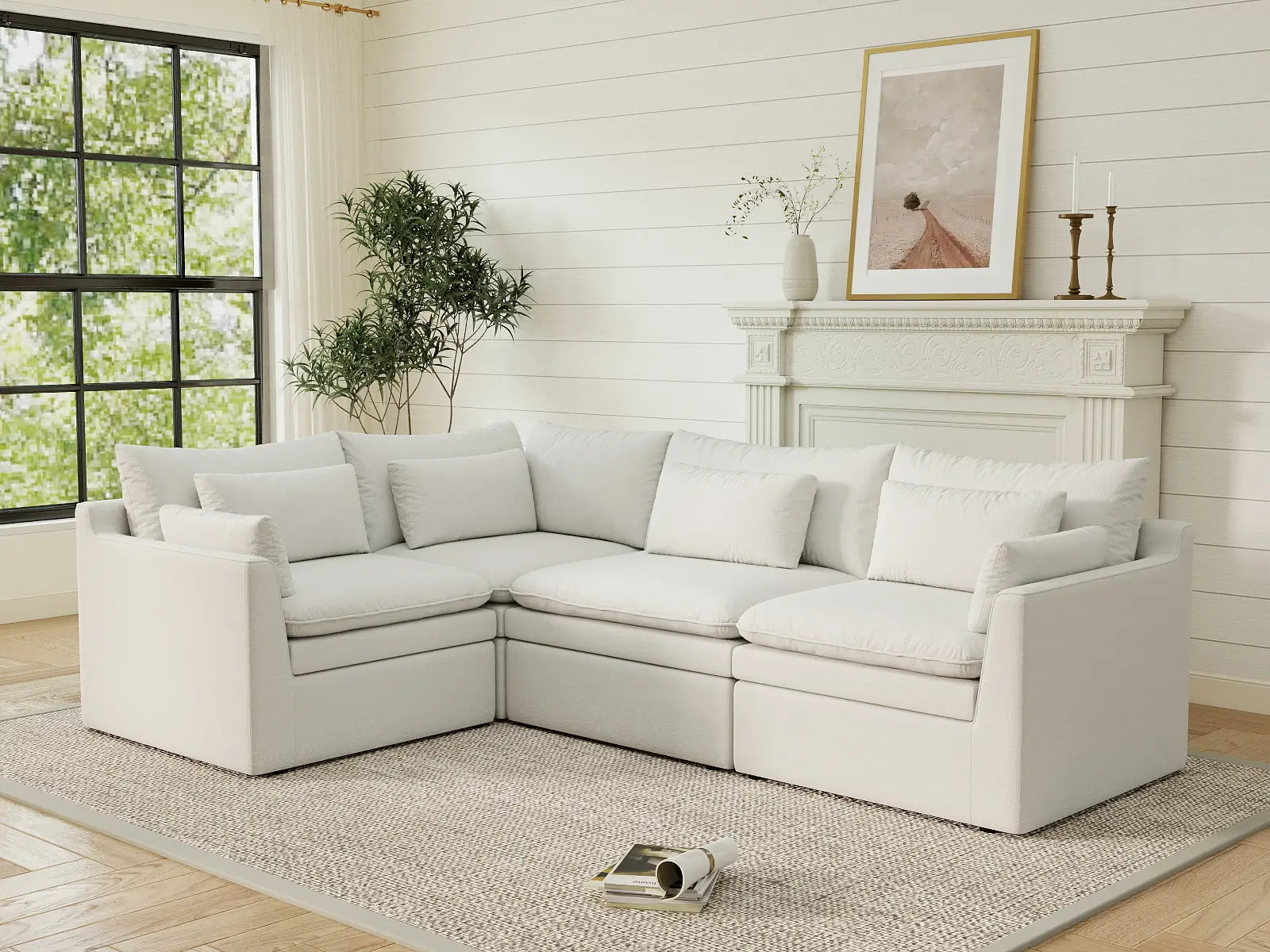 Deluxe Cloud 4-Seater White Large Space L-Shaped Sectional | 4-Piece, Linen Look Poly Fabric, Easy To Clean