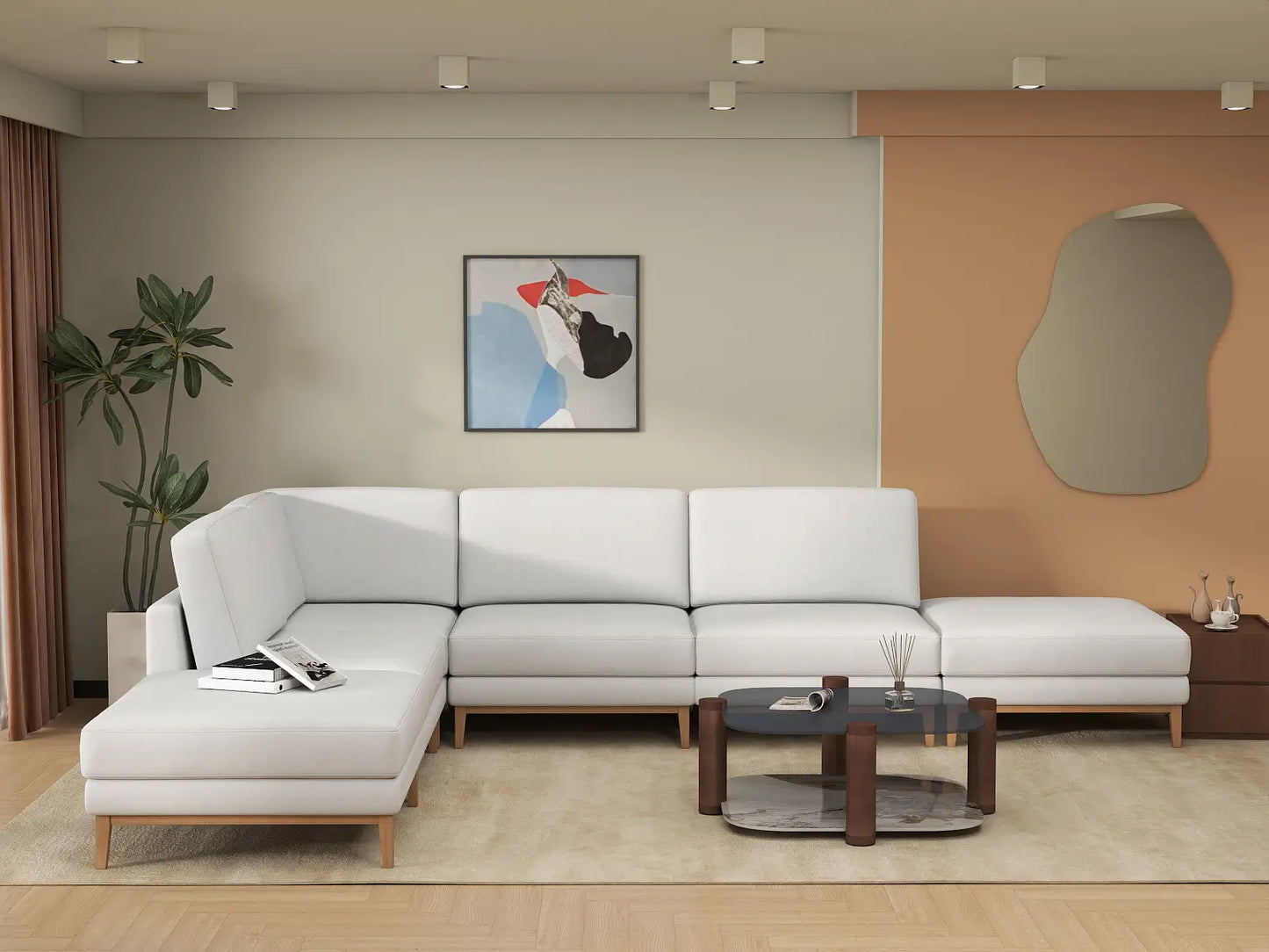 Deluxe Cloud 4-Seater White Large Space L-Shaped Sectional | 6-Piece (Includes 2 Ottomans), Linen Look Poly Fabric, Easy To Clean