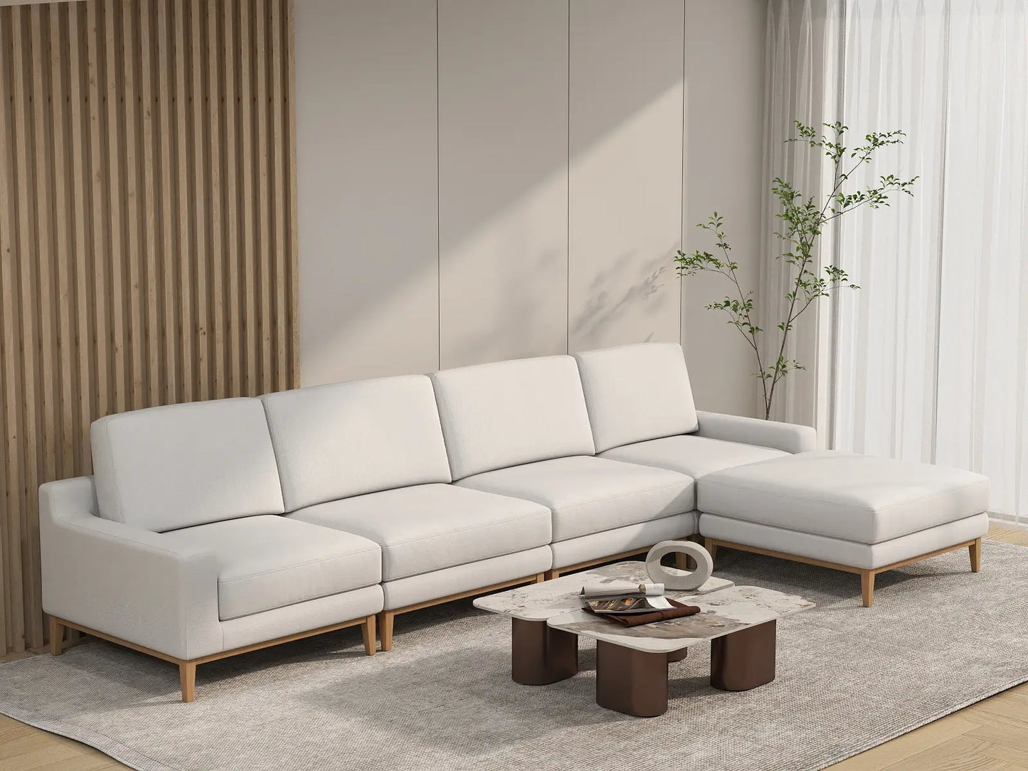 Deluxe Cloud 4-Seater White Large Space L-Shaped Sectional | 5-Piece (Includes 1 Ottoman), Linen Look Poly Fabric, Easy To Clean