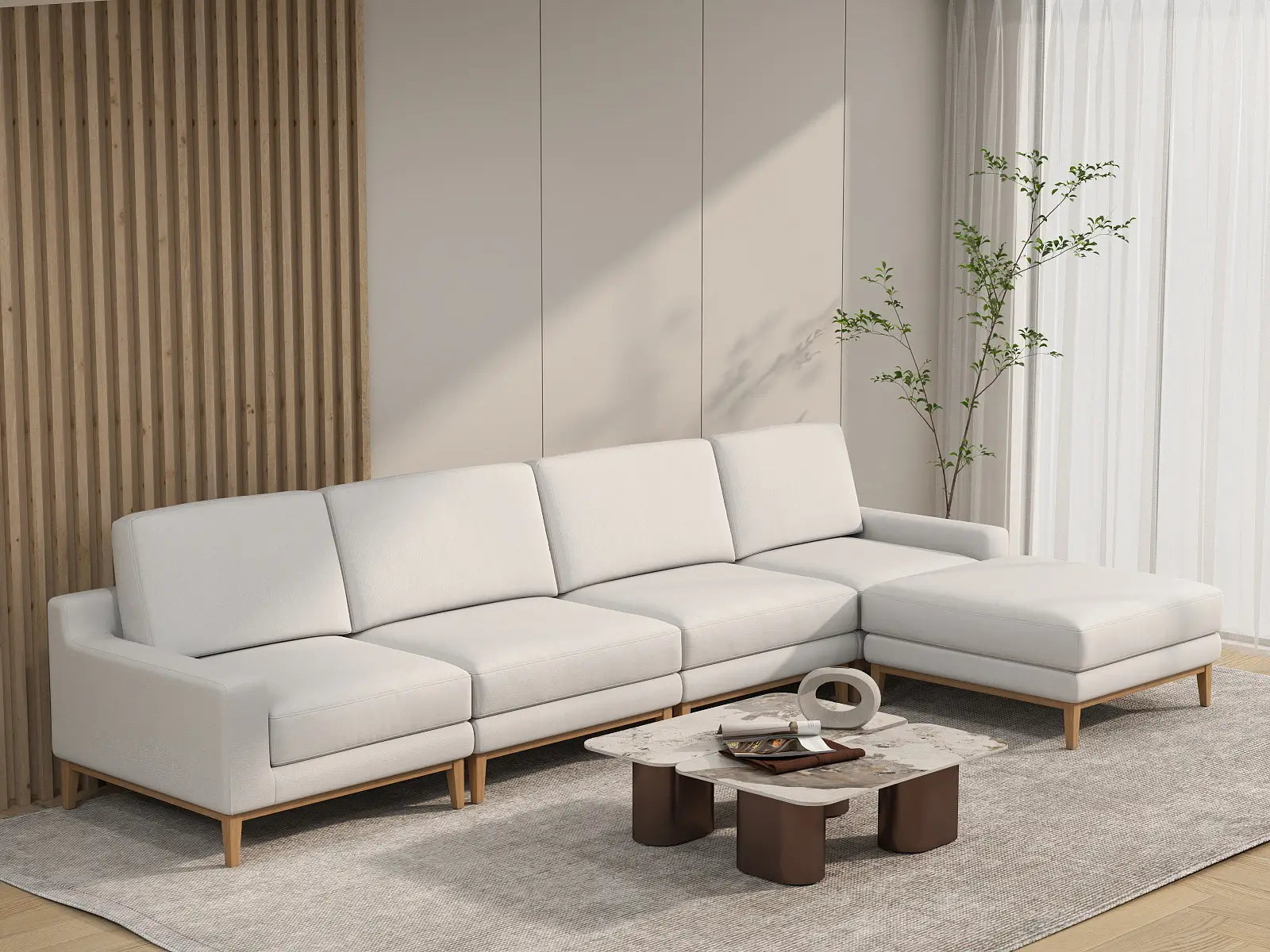Deluxe Cloud 4-Seater White Large Space L-Shaped Sectional | 5-Piece (Includes 1 Ottoman), Linen Look Poly Fabric, Easy To Clean