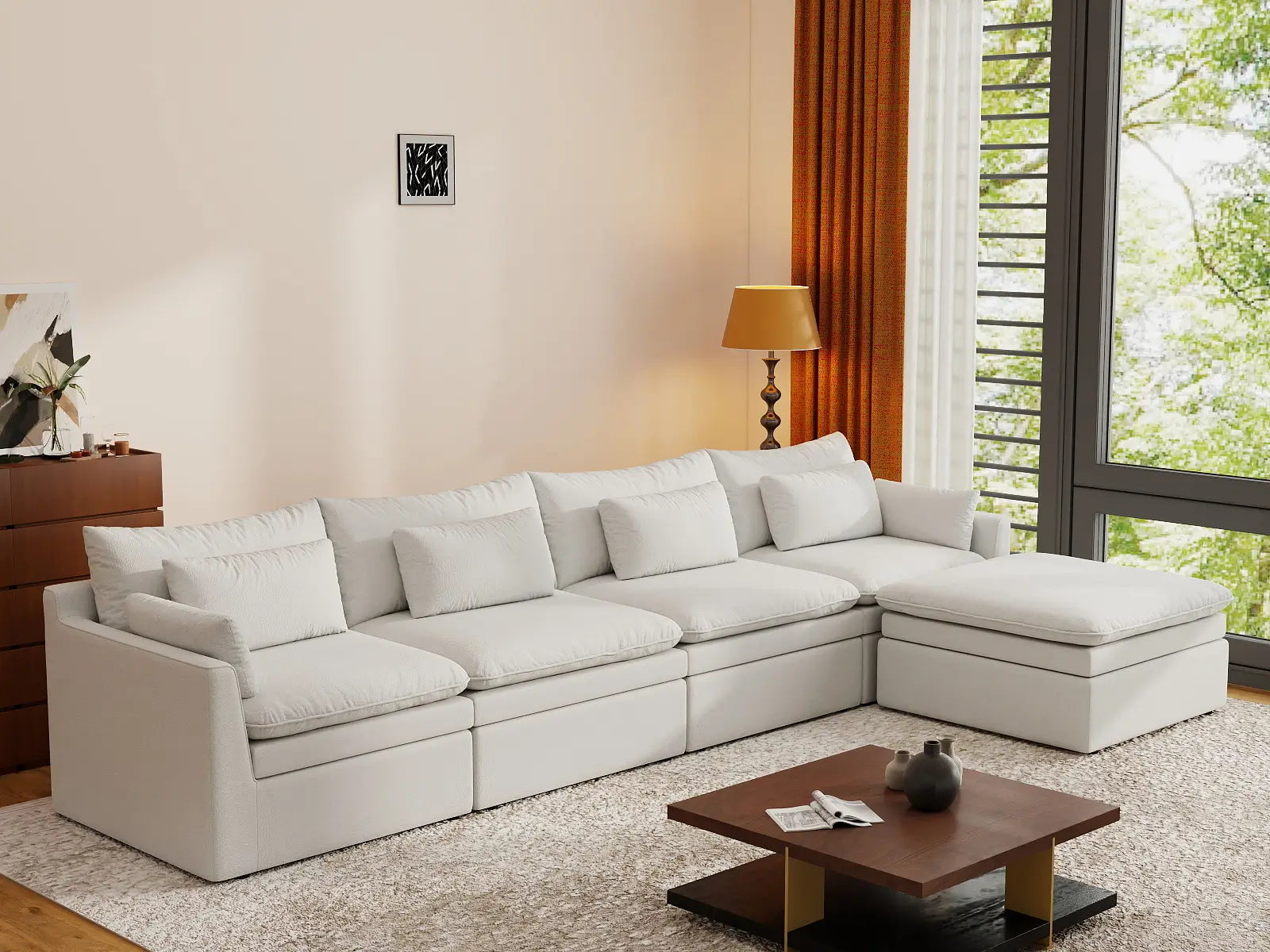 Sofá seccional de 4 plazas Lujo Cloud, color blanco, amplio espacio, en forma de L | 5 piezas (incluye 1 otomana), tela de poliéster con aspecto de lino, fácil de limpiar