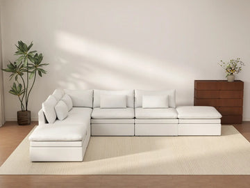 Deluxe Cloud 4-Seater White Large Space L-Shaped Sectional | 6-Piece (Includes 2 Ottomans), Linen Look Poly Fabric, Easy To Clean