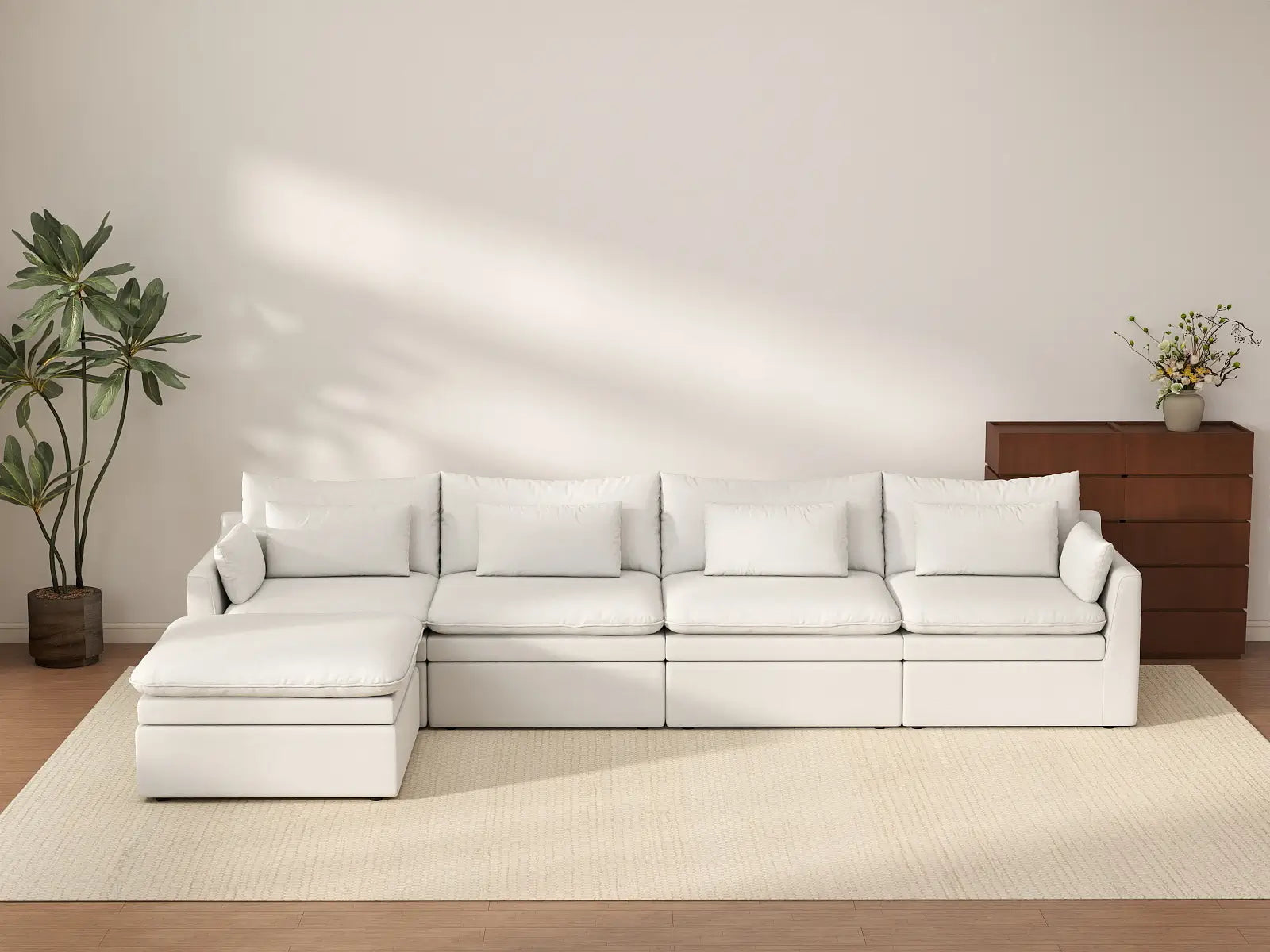 Sofá seccional de 4 plazas Lujo Cloud, color blanco, amplio espacio, en forma de L | 5 piezas (incluye 1 otomana), tela de poliéster con aspecto de lino, fácil de limpiar