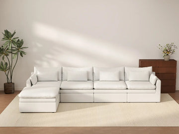 Deluxe Cloud 4-Seater White Large Space L-Shaped Sectional | 5-Piece (Includes 1 Ottoman), Linen Look Poly Fabric, Easy To Clean