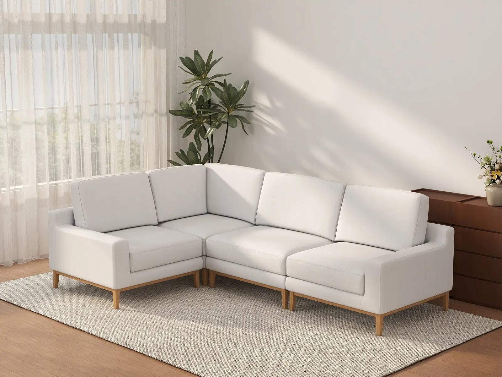Deluxe Cloud 4-Seater White Large Space L-Shaped Sectional | 4-Piece, Linen Look Poly Fabric, Easy To Clean