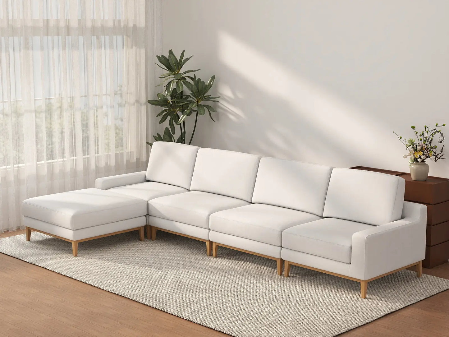 Deluxe Cloud 4-Seater White Large Space L-Shaped Sectional | 5-Piece (Includes 1 Ottoman), Linen Look Poly Fabric, Easy To Clean