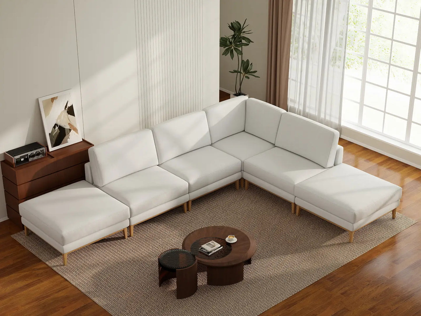 Deluxe Cloud 4-Seater White Large Space L-Shaped Sectional | 6-Piece (Includes 2 Ottomans), Linen Look Poly Fabric, Easy To Clean
