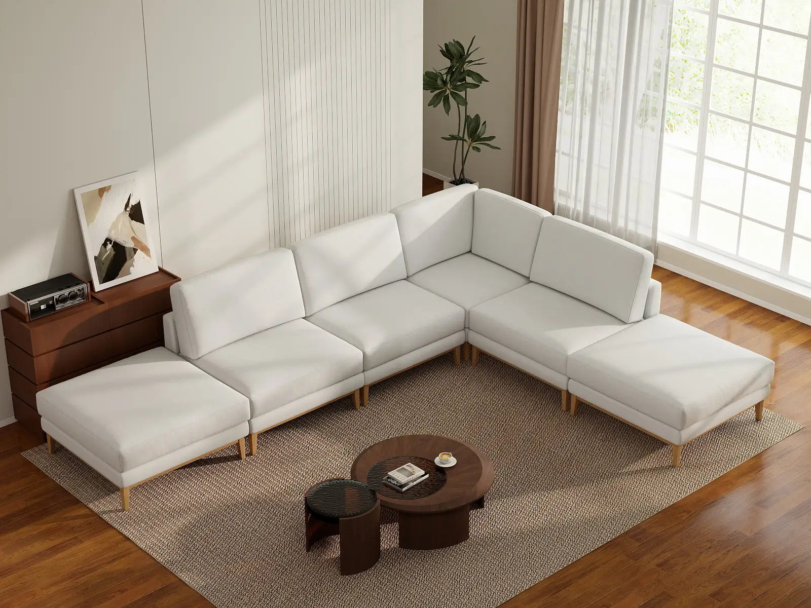 Deluxe Cloud 4-Seater White Large Space L-Shaped Sectional | 6-Piece (Includes 2 Ottomans), Linen Look Poly Fabric, Easy To Clean