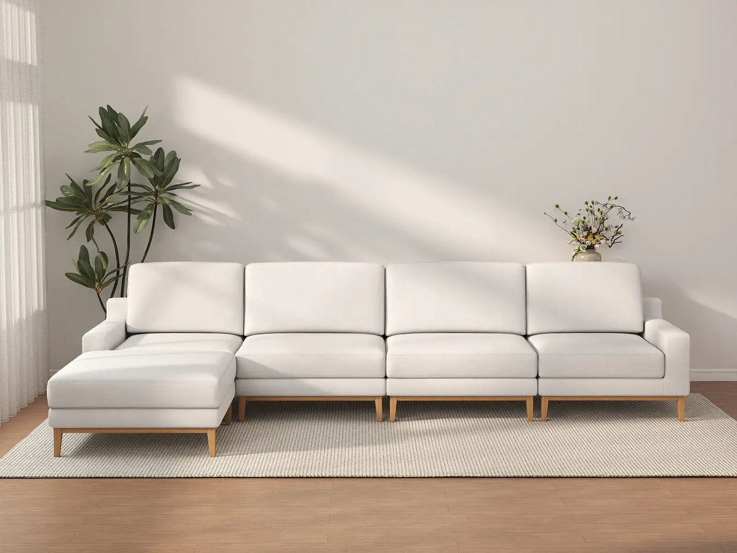Deluxe Cloud 4-Seater White Large Space L-Shaped Sectional | 5-Piece (Includes 1 Ottoman), Linen Look Poly Fabric, Easy To Clean
