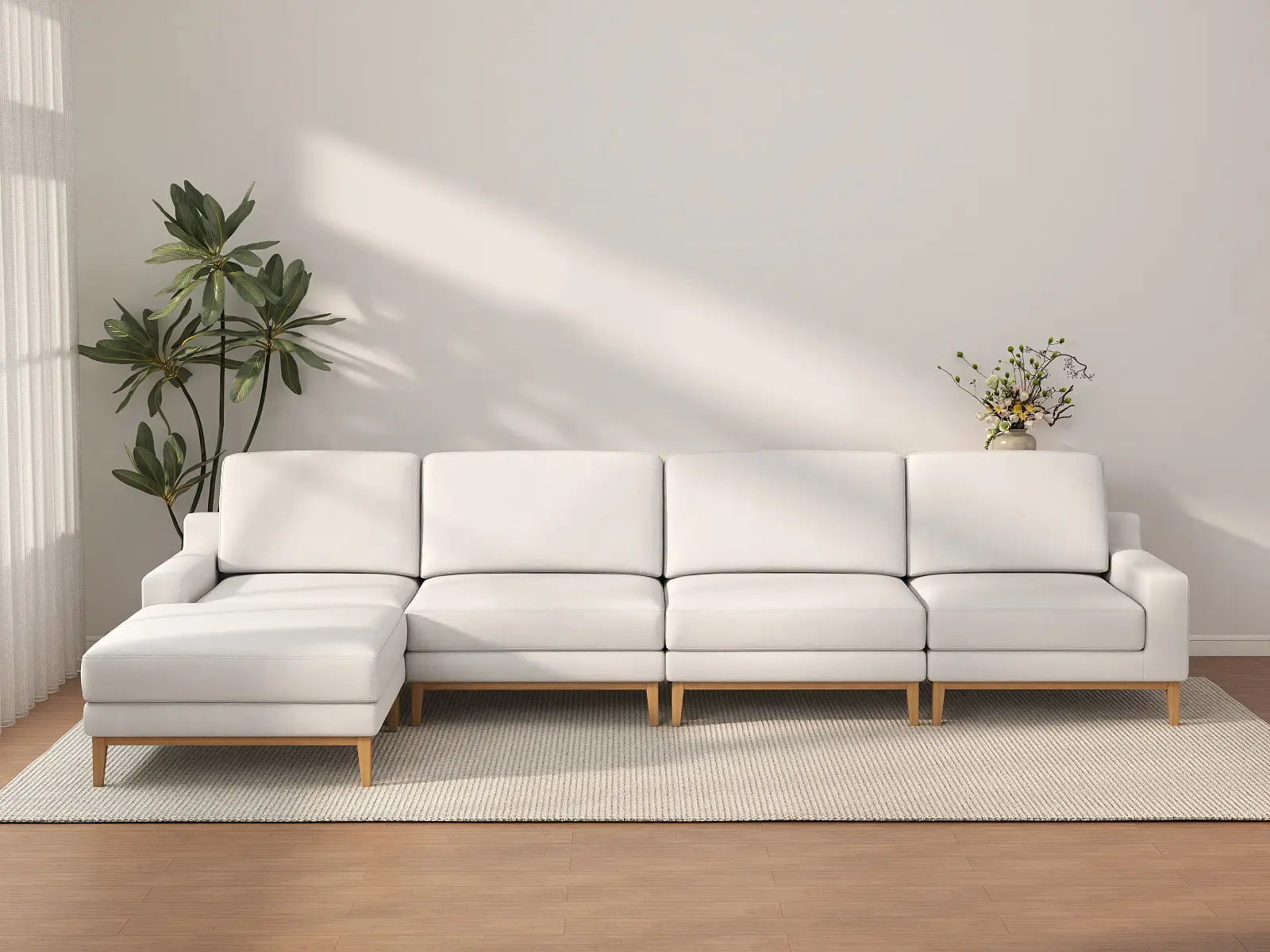 Deluxe Cloud 4-Seater White Large Space L-Shaped Sectional | 5-Piece (Includes 1 Ottoman), Linen Look Poly Fabric, Easy To Clean