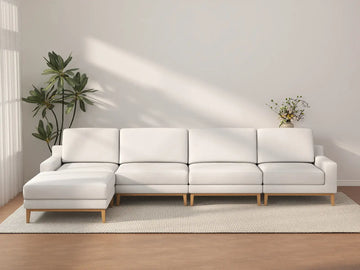 Deluxe Cloud 4-Seater White Large Space L-Shaped Sectional | 5-Piece (Includes 1 Ottoman), Linen Look Poly Fabric, Easy To Clean