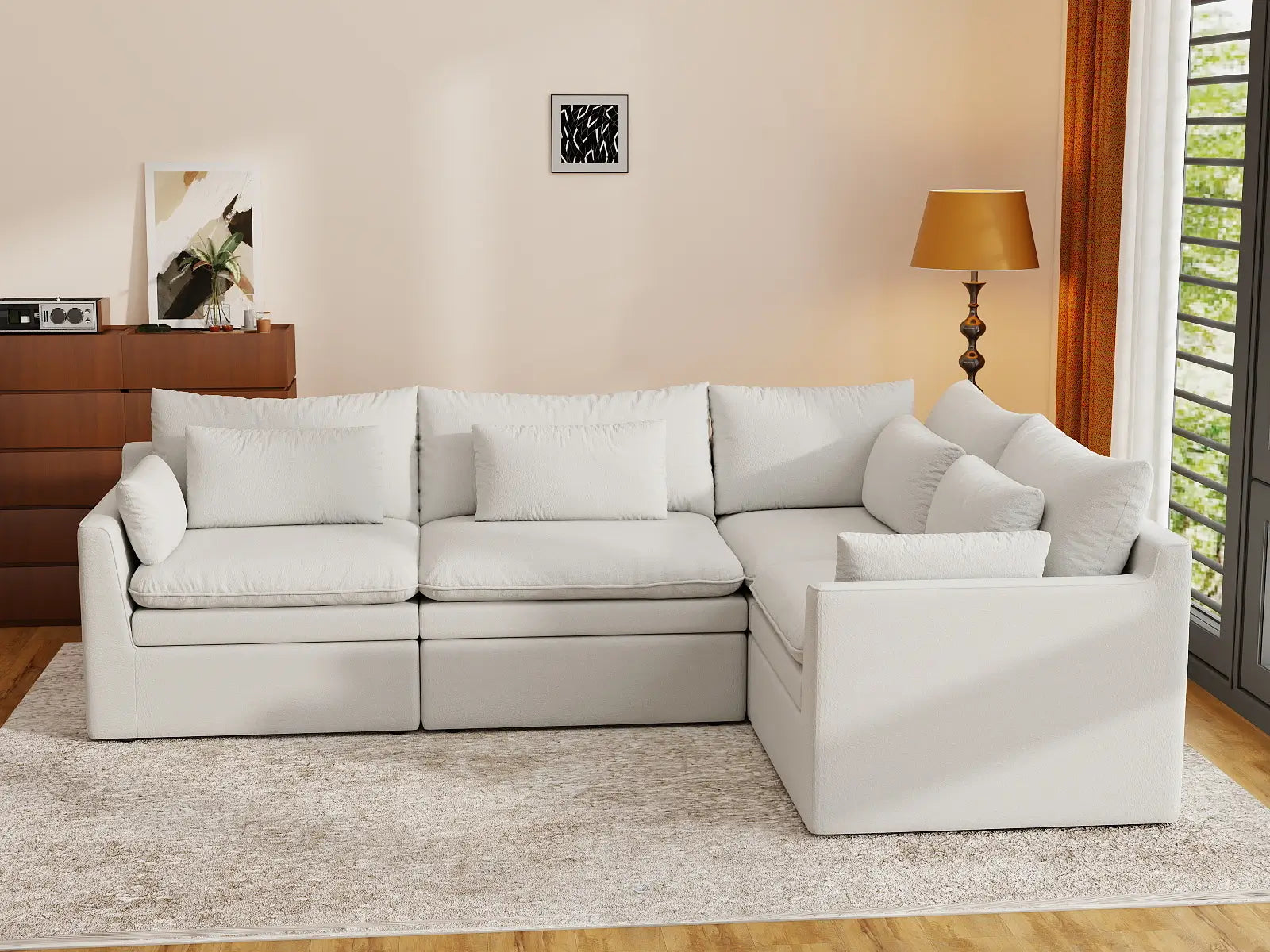 Deluxe Cloud 4-Seater White Large Space L-Shaped Sectional | 4-Piece, Linen Look Poly Fabric, Easy To Clean