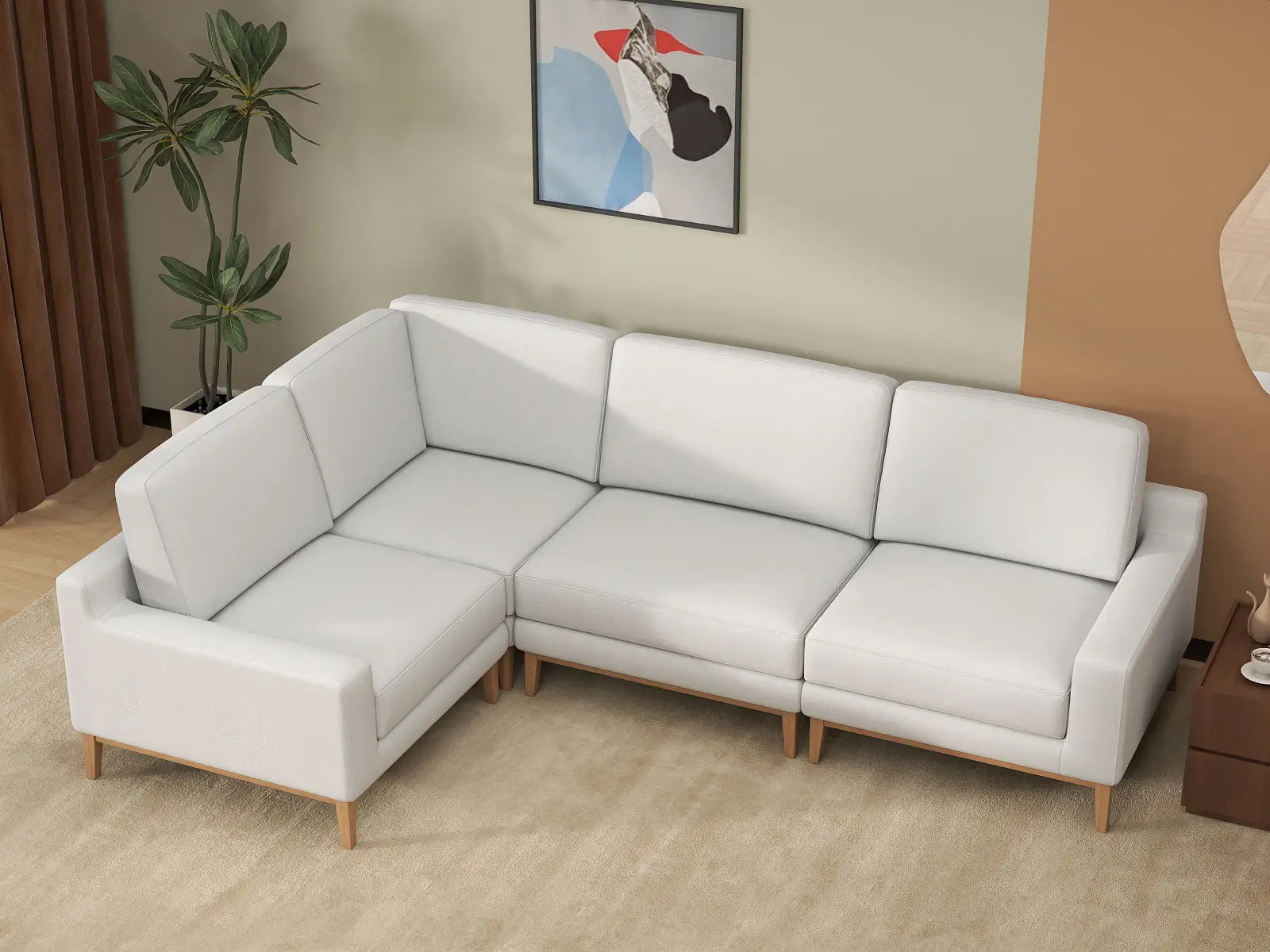 Deluxe Cloud 4-Seater White Large Space L-Shaped Sectional | 4-Piece, Linen Look Poly Fabric, Easy To Clean