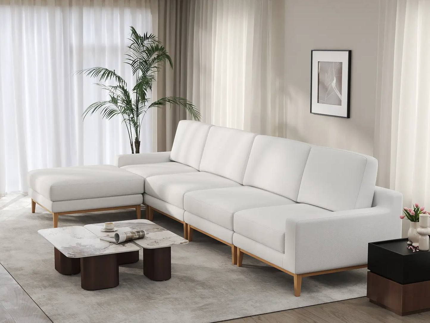 Deluxe Cloud 4-Seater White Large Space L-Shaped Sectional | 5-Piece (Includes 1 Ottoman), Linen Look Poly Fabric, Easy To Clean