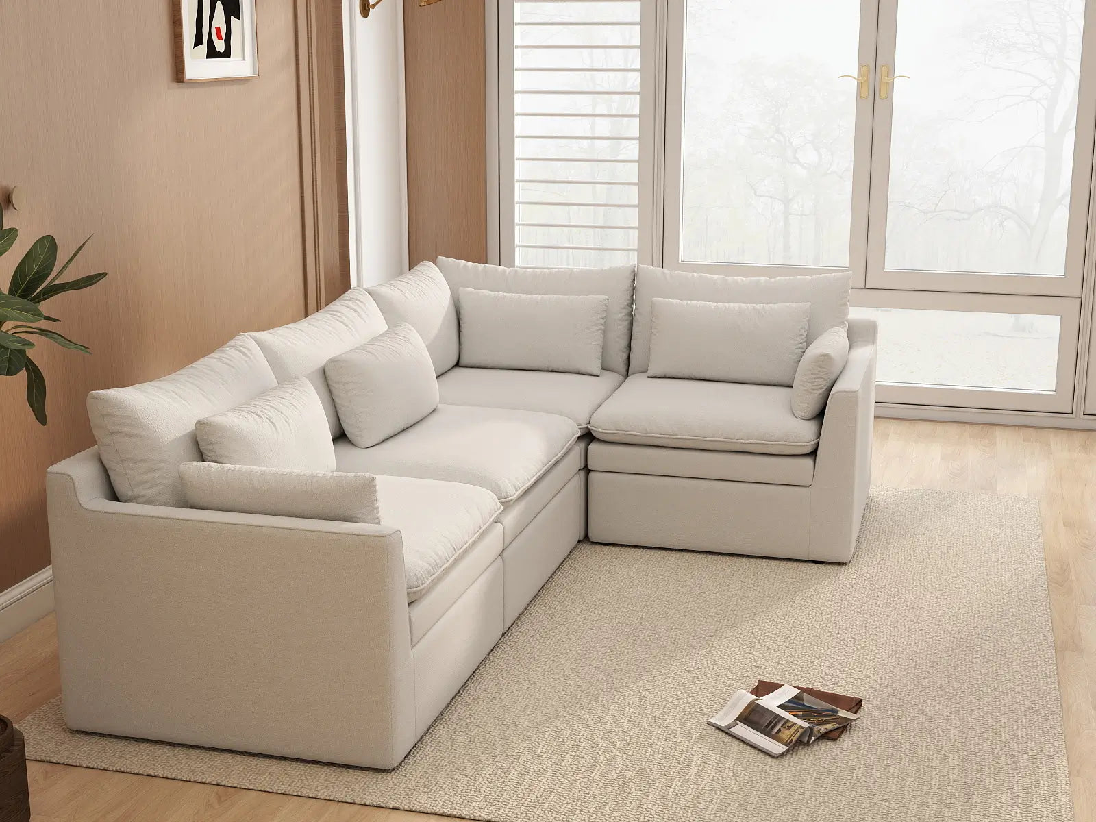 Deluxe Cloud 4-Seater White Large Space L-Shaped Sectional | 4-Piece, Linen Look Poly Fabric, Easy To Clean